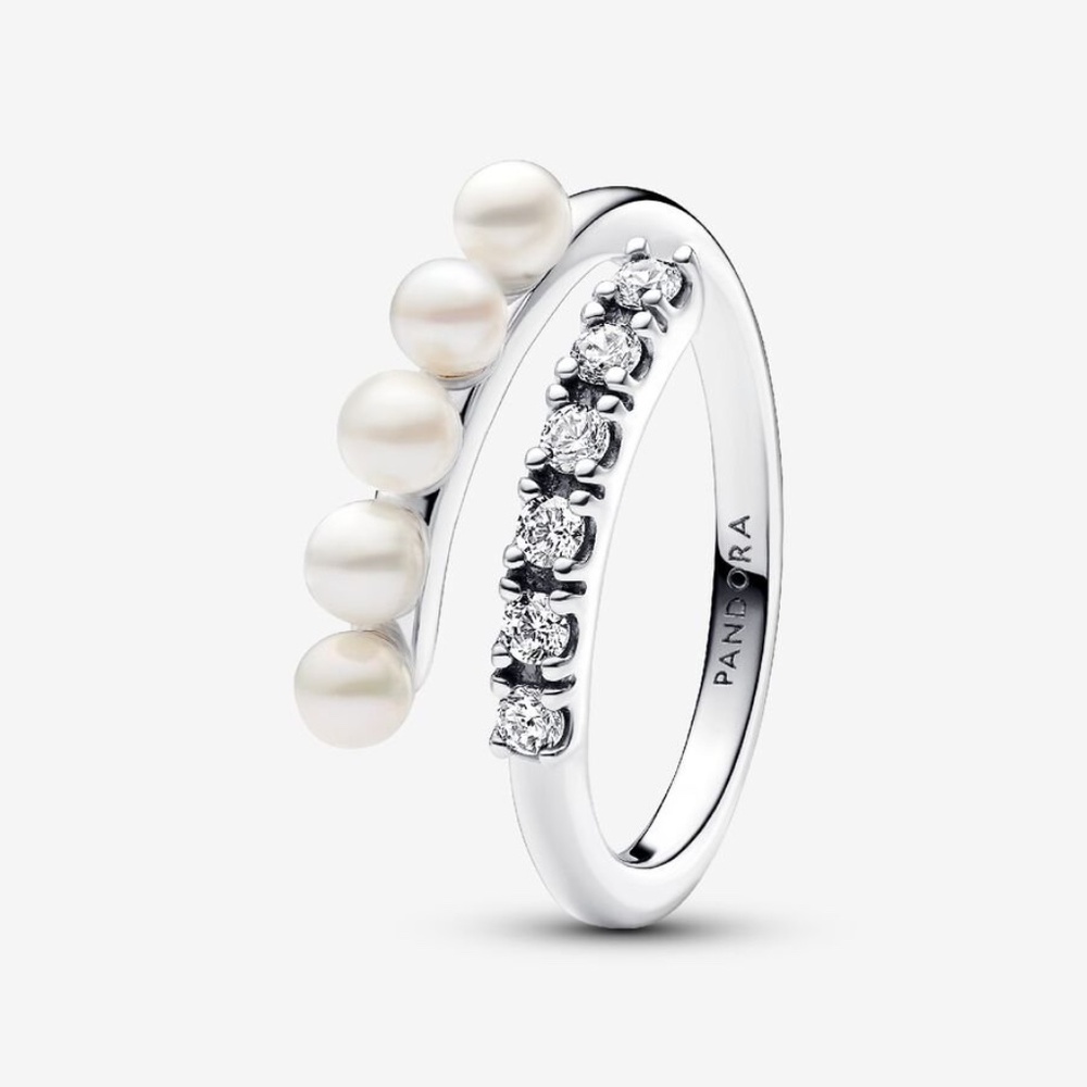 Treated Freshwater Cultured Pearls & Pavé Open Ring Sterling Silver